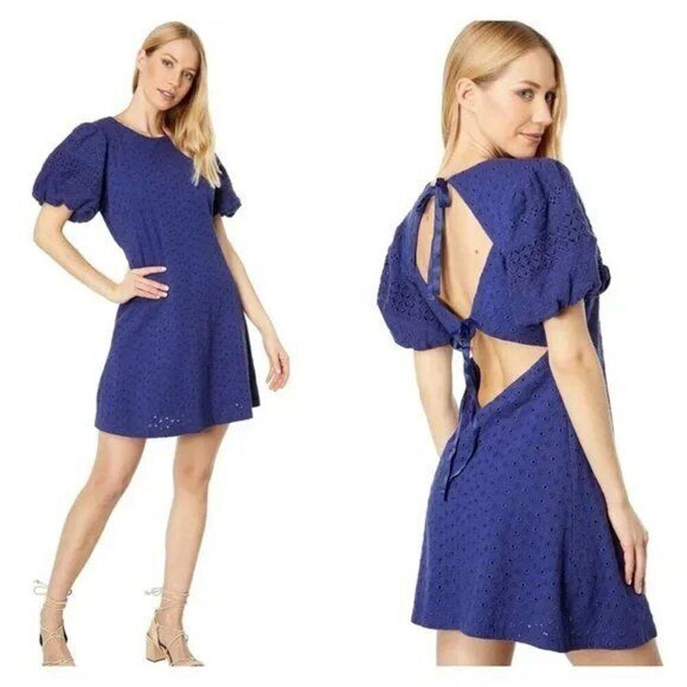 $138 Free People Apricot Rose Living Indigo Eyelet Cutout Shift Dress S NEW